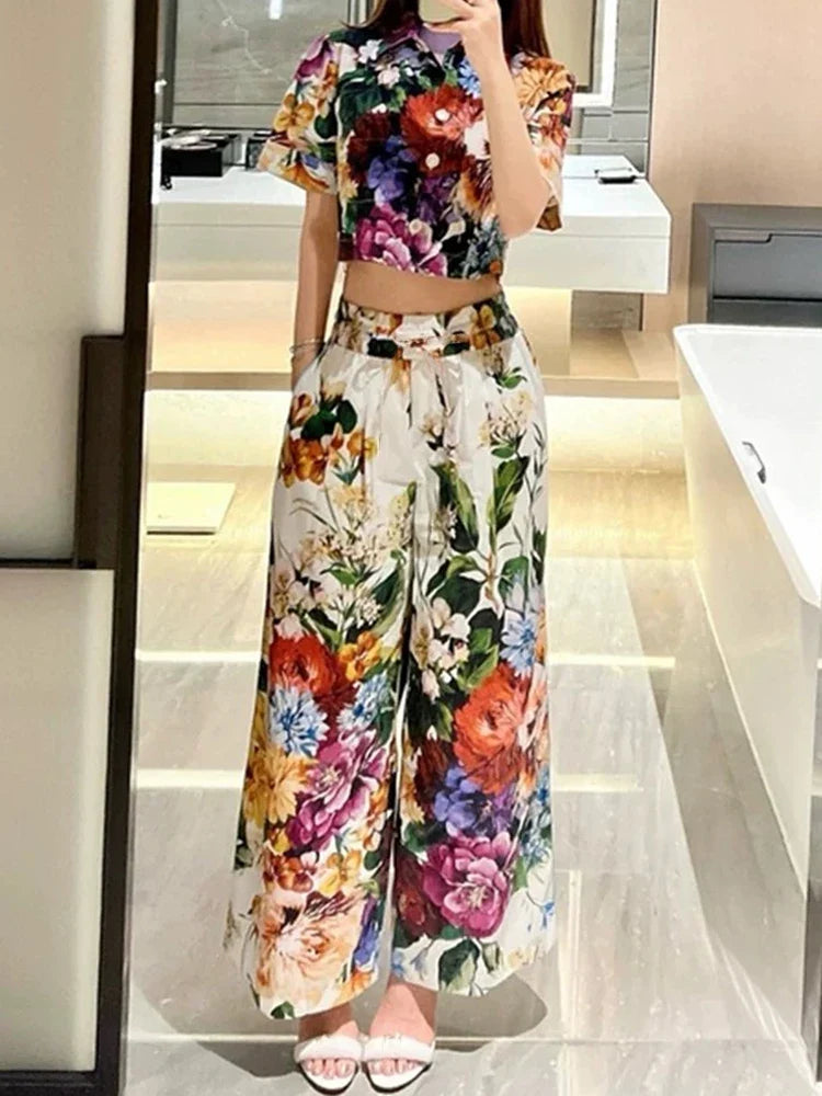 Spring and Summer New Women's Printed Pants Lapel Short Sleeve Waist Short Shirt + High Waist Wide Leg Pants Elegant Two-Piece S