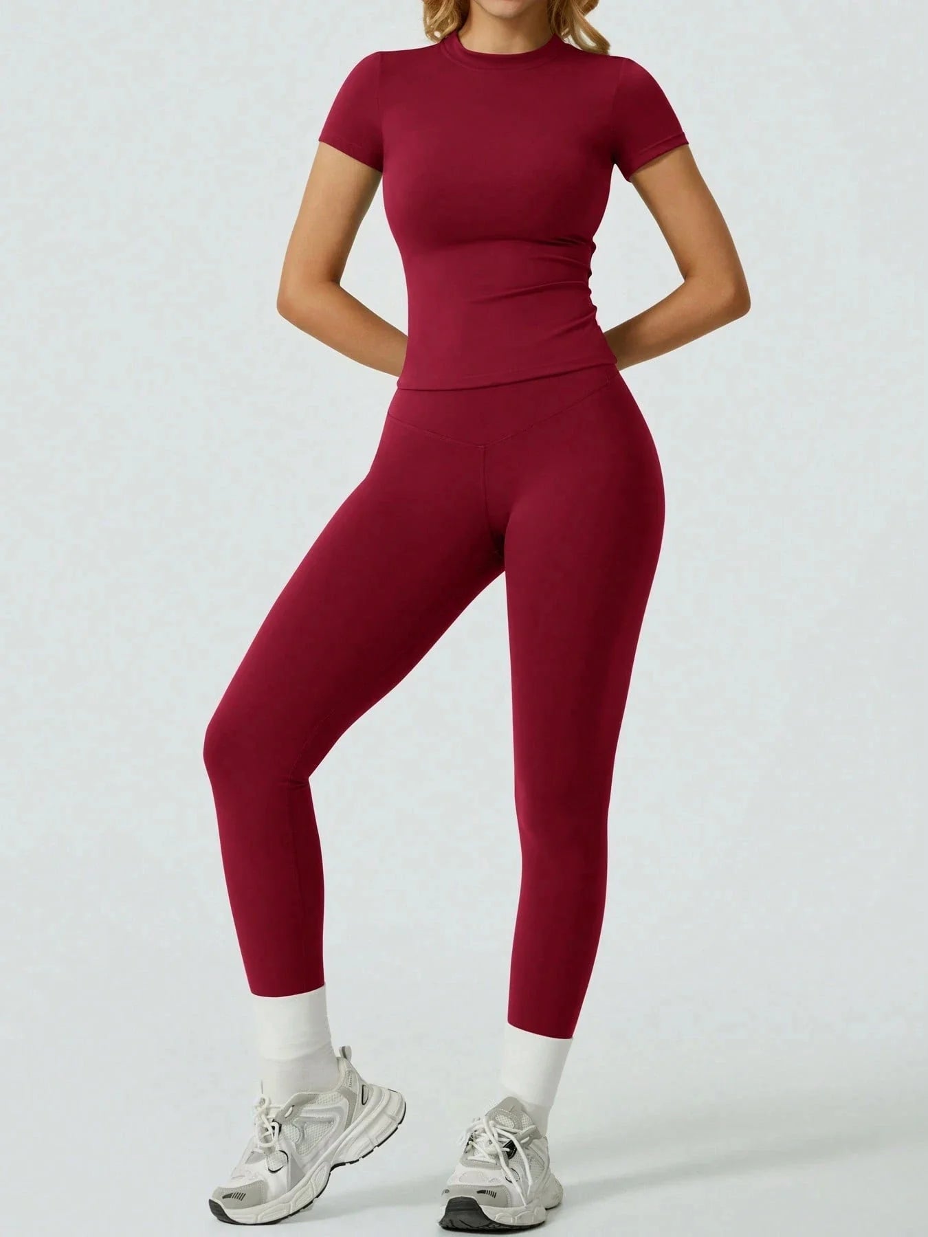 2 Piece Yoga Set Women Short Sleeve Top High Waist Leggings Gym Workout Clothing Tummy Control Fitness Sportswear Activewear Sui