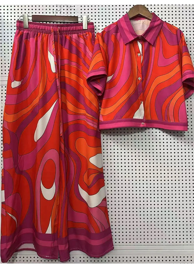 2026 Summer New Fashion Women's Print Suit Lapel Short Sleeve Short Waist Shirt + Elastic Waist Straight Trousers Two-Piece