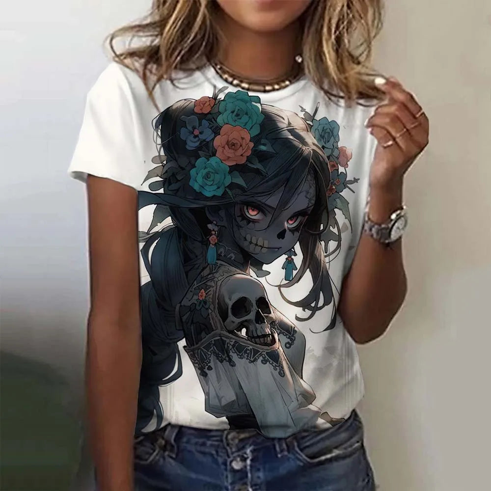 Fashion Women's T-shirt for Girls Summer Short Sleeve Sexy Girls Clothes Day of the Dead Undead Skull Pattern oversized T-shirts
