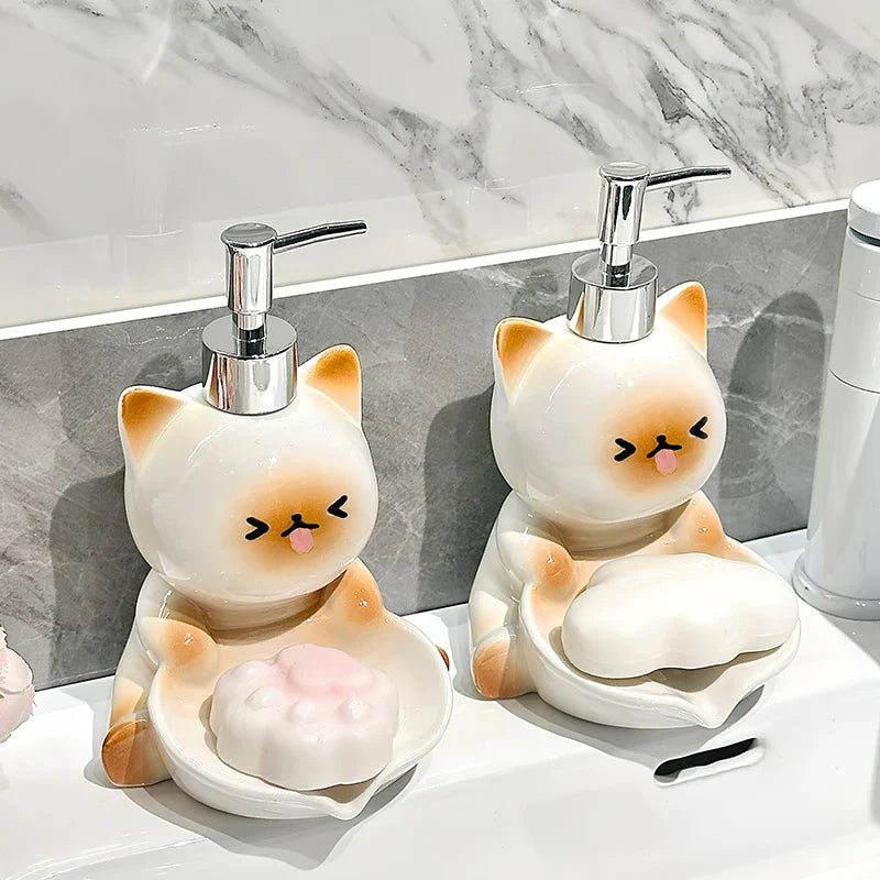 Dispensador de loción y jabonera de gato Kawaii