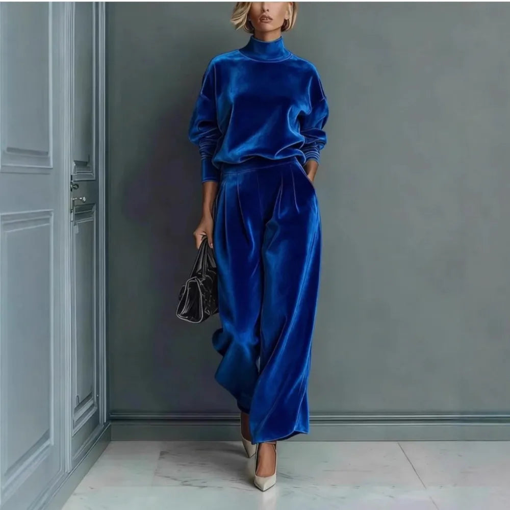 Autumn Winter Fashion High Collar Gold Velvet Long Sleeve Women's Suit Casual Sports Wide Leg Trousers Female Office 2 Piece Set