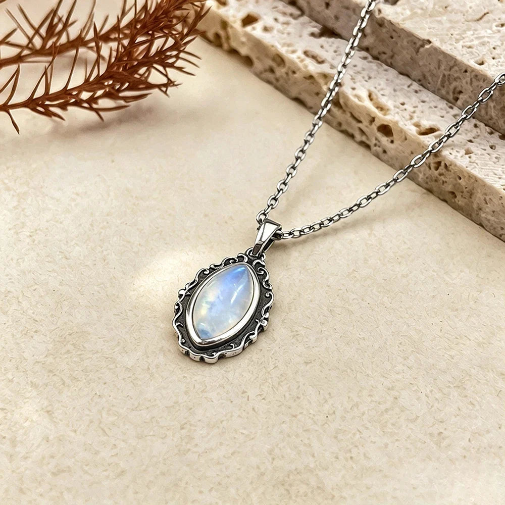 Vintage 925 Sterling Silver Necklaces with Natural Moonstone 12*6MM Simple Pendant Necklaces Party Fine Jewelry For Women Men