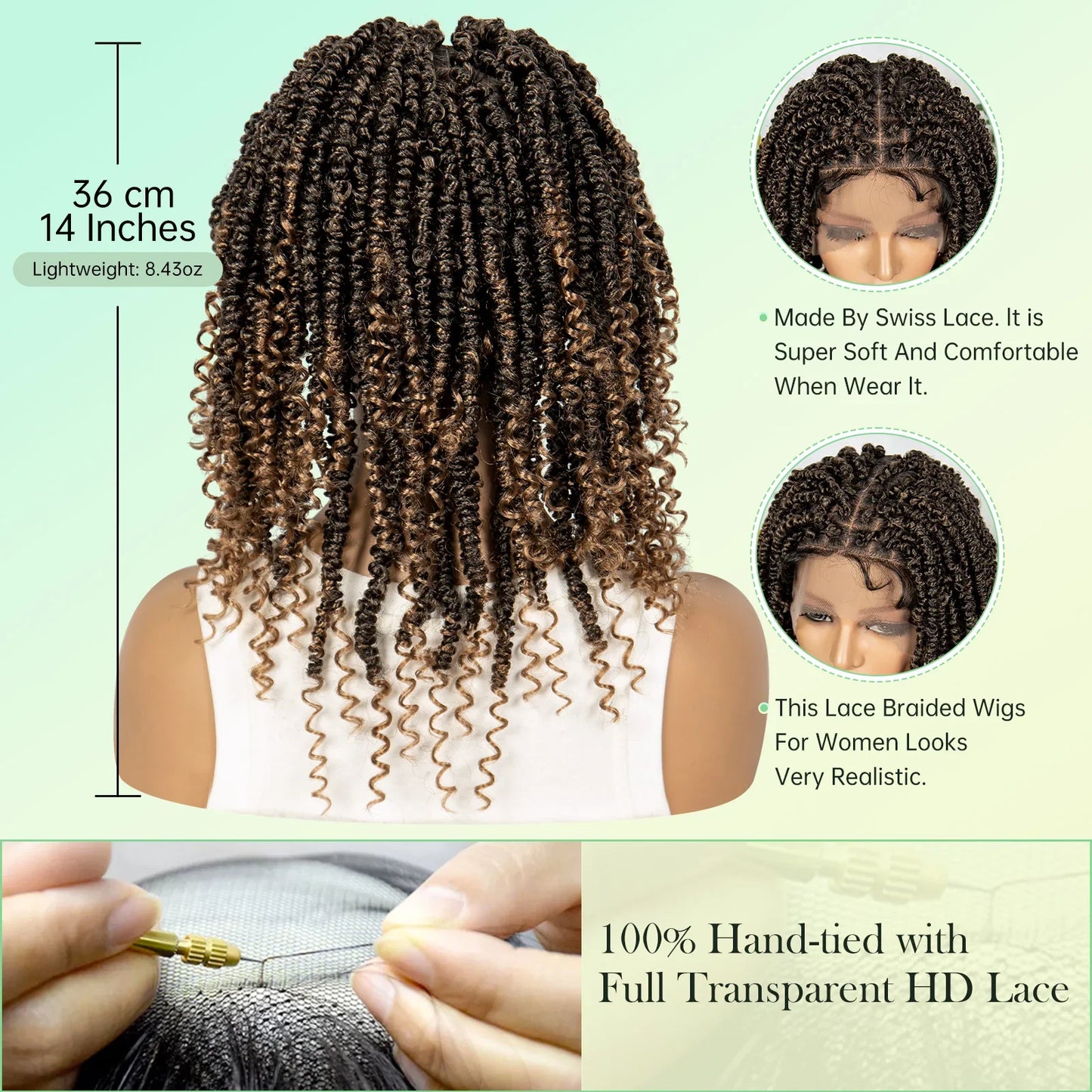 14Inch Full Lace Braided Wigs Synthetic Lace Frontal Twisted Braids Wigs with Baby Hair Knotless Box Braids Wig for Black Women