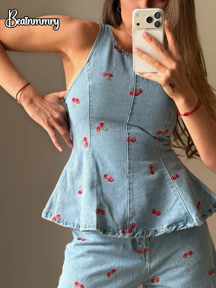 Denim Printed Sleeveless Pants  2-piece Set Women's Elegant Round Neck Fashion Short Shirt Long Pants Suits 2026 Street Outfit
