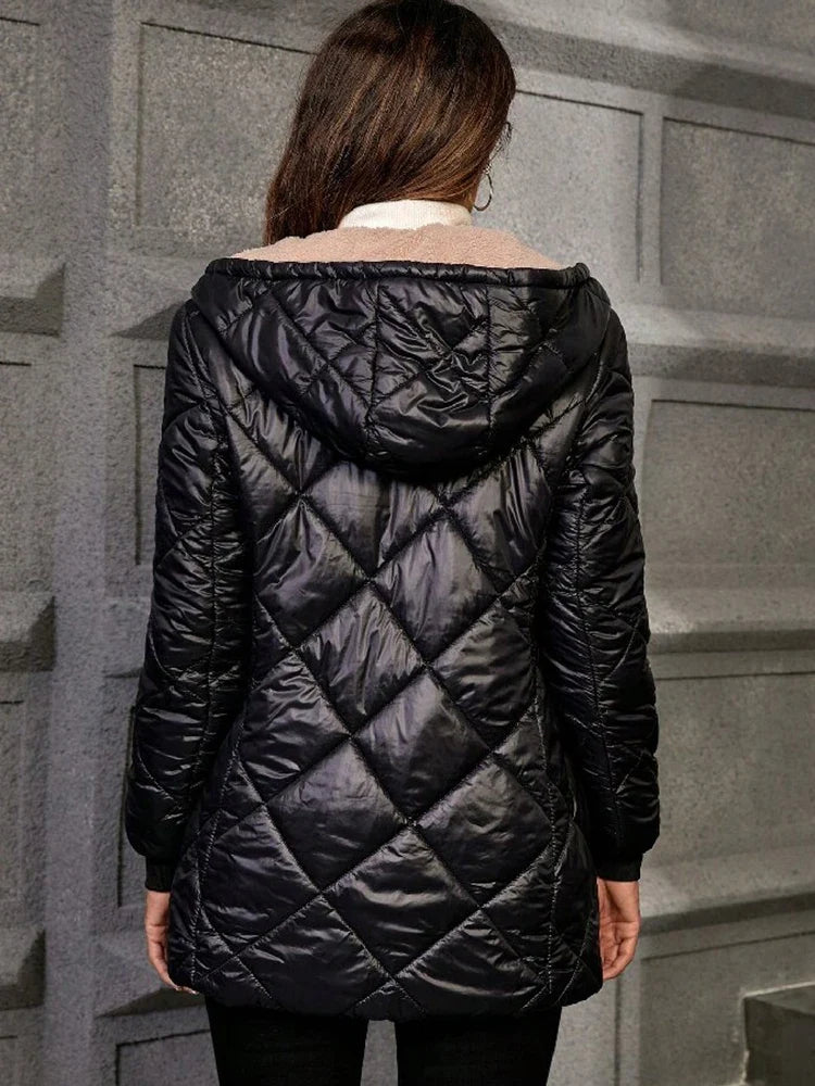 Women Fleece Lined Hooded Quilted Coat Diamond Grid Puffer Jacket Warm Sherpa Lining Zip Up Mid Length Winter Outerwear Parka