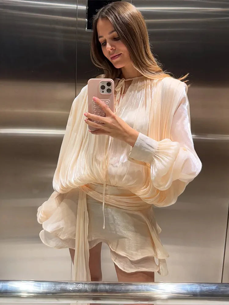 Fashion Solid Mesh Long Sleeved Backless Pleated Prom Dresses Chic Ruffle Bow Lace Up Women Mini Dresses Lady Spring Party Robe