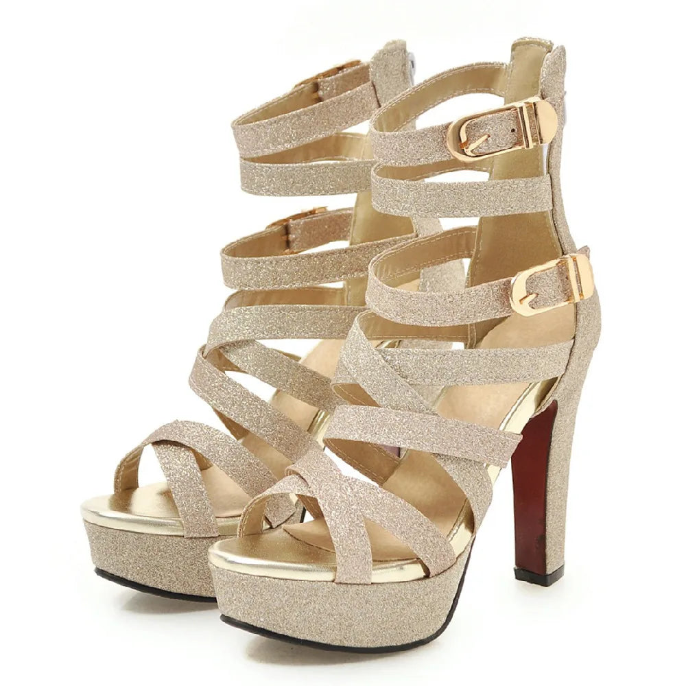 Gold Glitter Women Platform Sandals High Chunky Heels Black Silver PU Casual Party Club Bucke Strap Zipper Lady Gladiator Shoes