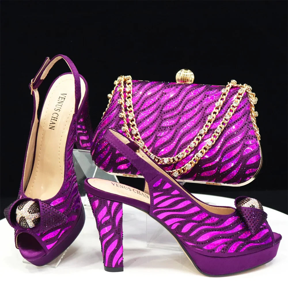 Conjuntos de zapatos y bolsos italianos para fiesta de noche con pedrería HJK1-60