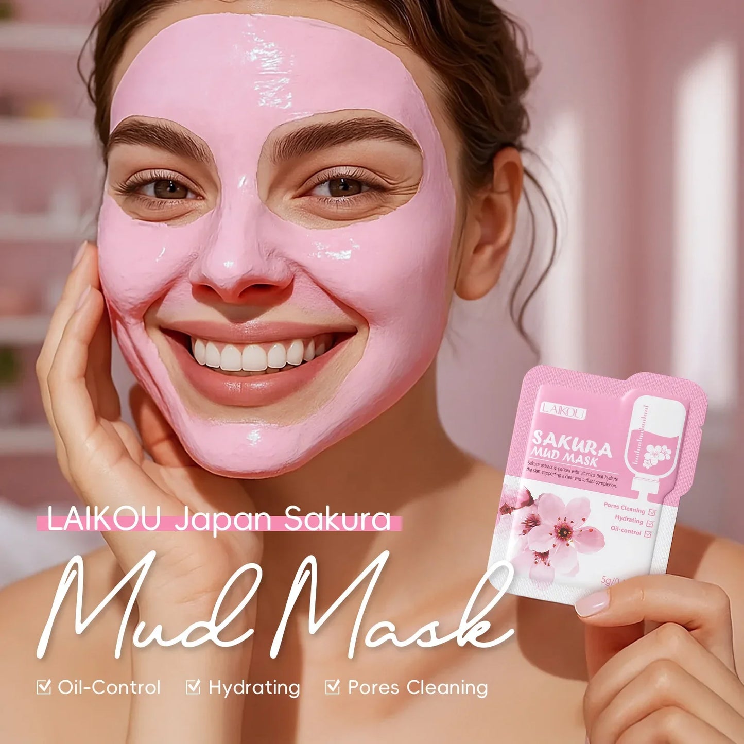 LAIKOU Japan Sakura Clay Mud Mask Hydrating Gentle Cleansing Refreshing Oil Balancing Daily Facial Skin Care Mask 5g