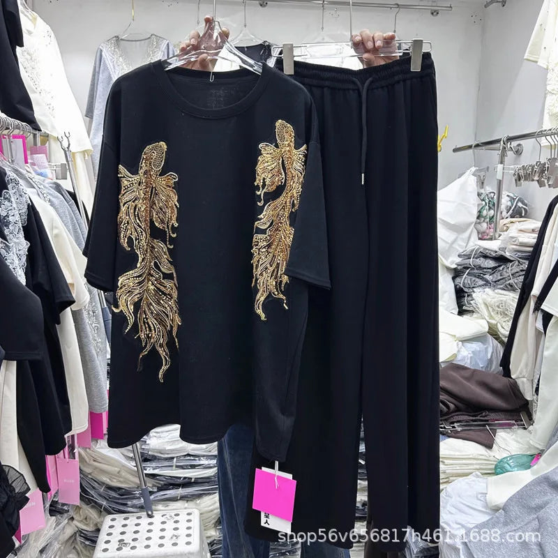 New Spring Summer Women Two-piece Set Sequins Embroidery Loose Short Sleeve T-shirt Top + Elastic Waist Straight Casual Pants