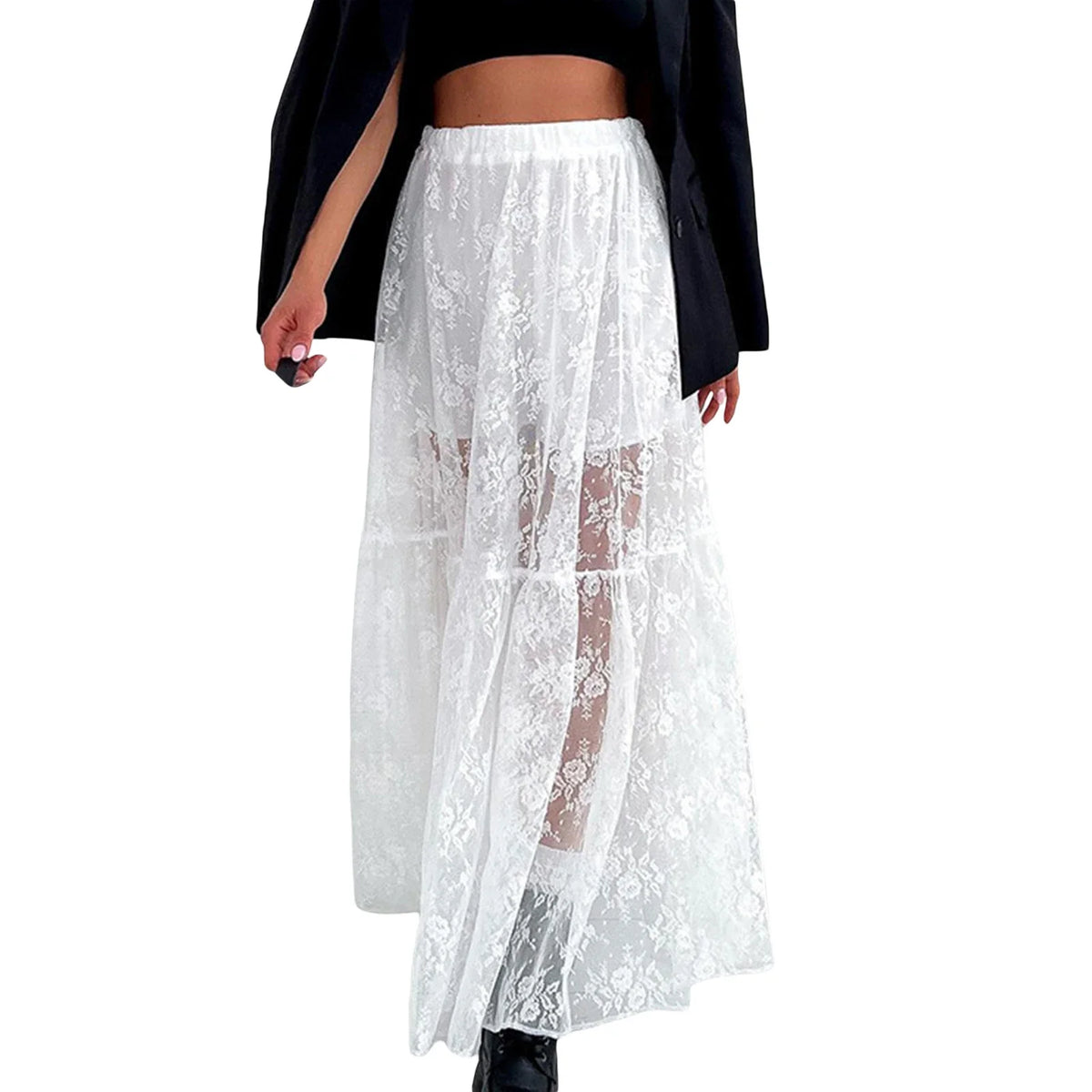 Women See-Through Lace A-Line Skirts Casual Summer Solid Color Elastic Waist Long Skirt for Beach Vacation Club