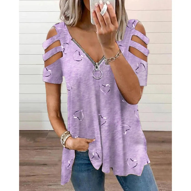 Plus Size V-Neck Zipper Print Sexy Hollow Short Sleeve Loose Casual T-Shirt Women's Tops