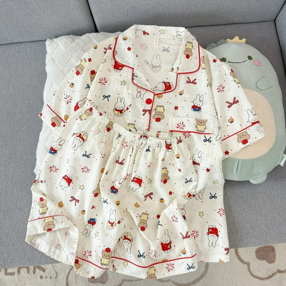 Miffy Women Pajamas Set Cute Summer Short Sleeve Shorts Comfortable Loose Homewear Soft Breathable Casual Loungewear Sleepwear