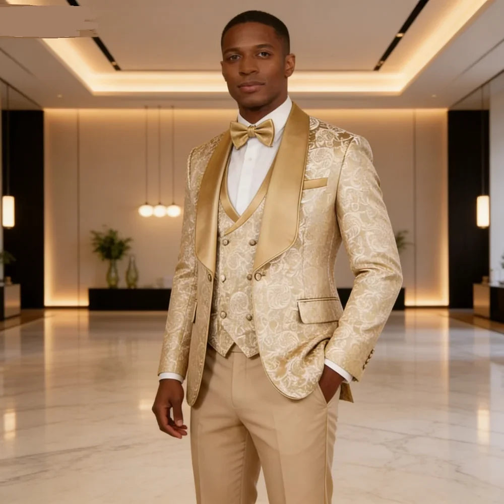Champagne Jacquard 3-Piece Men's Formal Smoking Suit with Shaw Lapel
