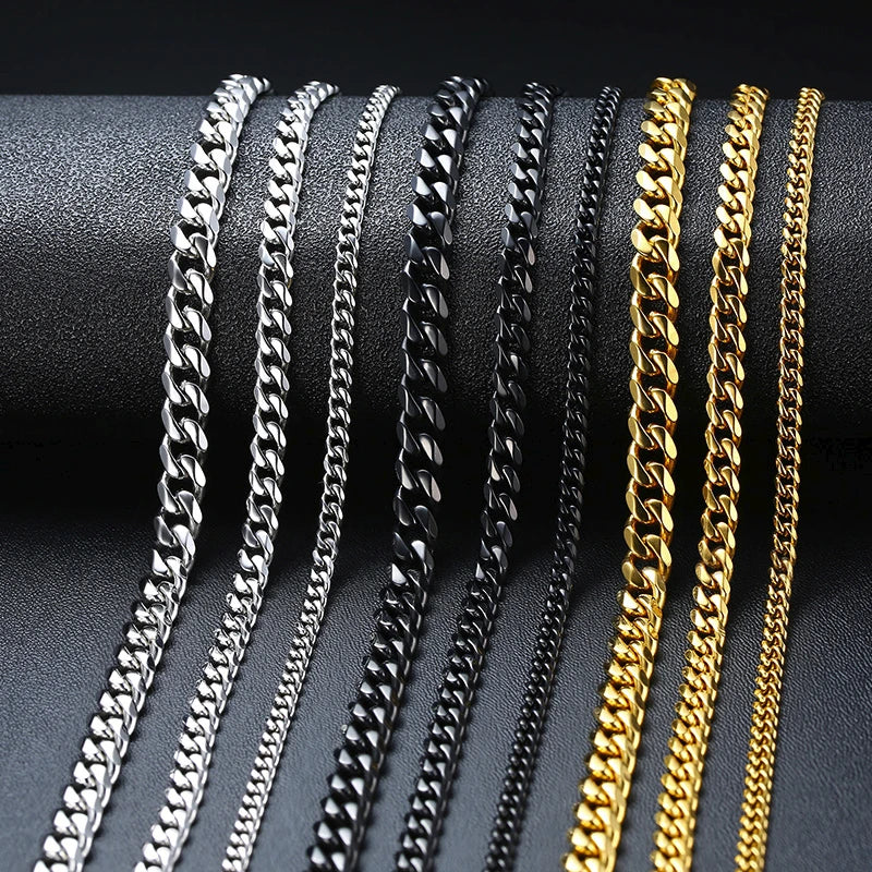 3-11mm Classic Cuban Chain Necklace for, Silver Black Gold Grey Color