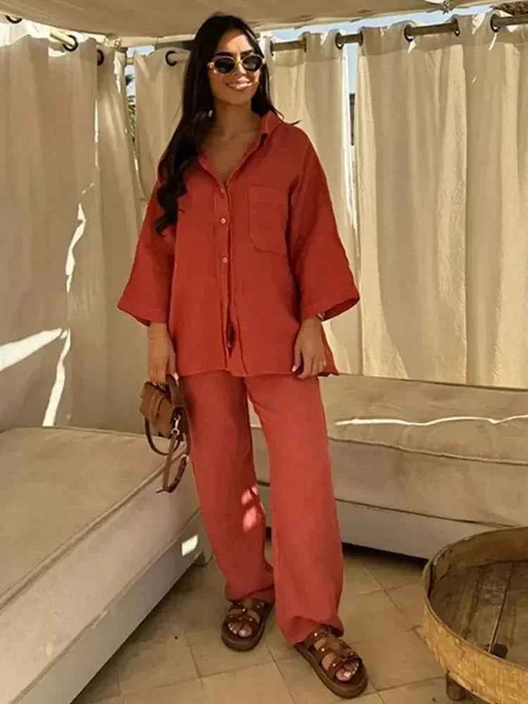 Women Elegant Lapel Pants 2 Piece Sets Chic Long Sleeves With Pocket Shirt Loose Wide Leg Trousers Sets 2025 Streetwear Outfit