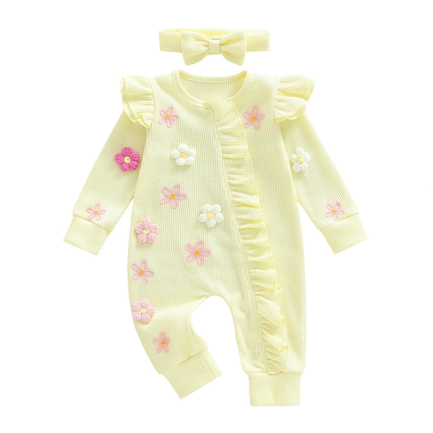 Citgeett Autumn Infant Baby Girl Fall Outfits Long Sleeve Flower Ruffle Jumpsuit Zipper Jumpsuit Headband Clothes Set