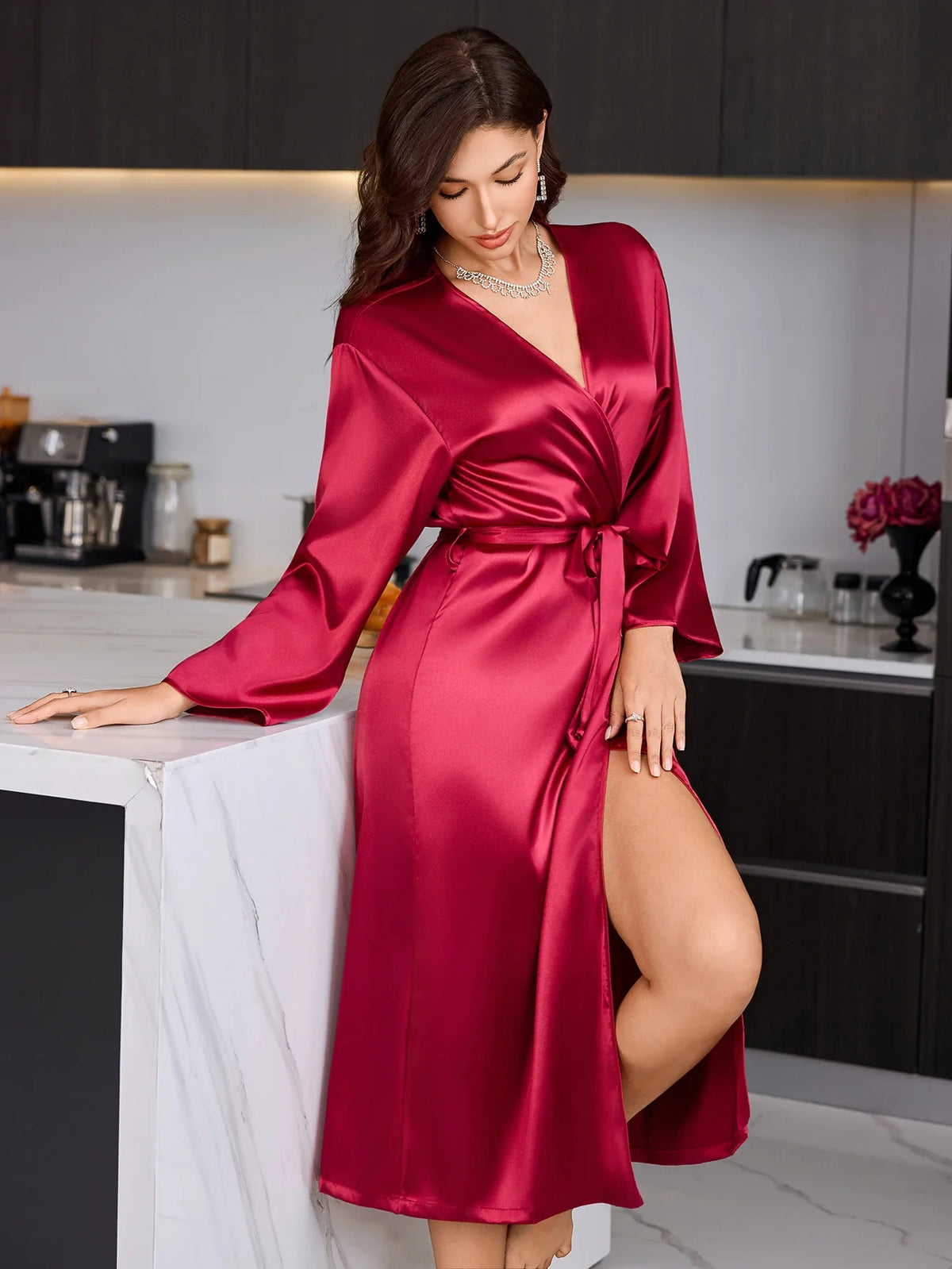 Women's Elegant Long Sleeve Robe V Neck Casual and comfortable bathrobe Solid Luxury Sleepwear For Home Relaxation