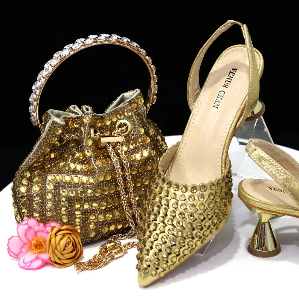 Nuevo conjunto de zapatos y bolso de diseño de diamantes