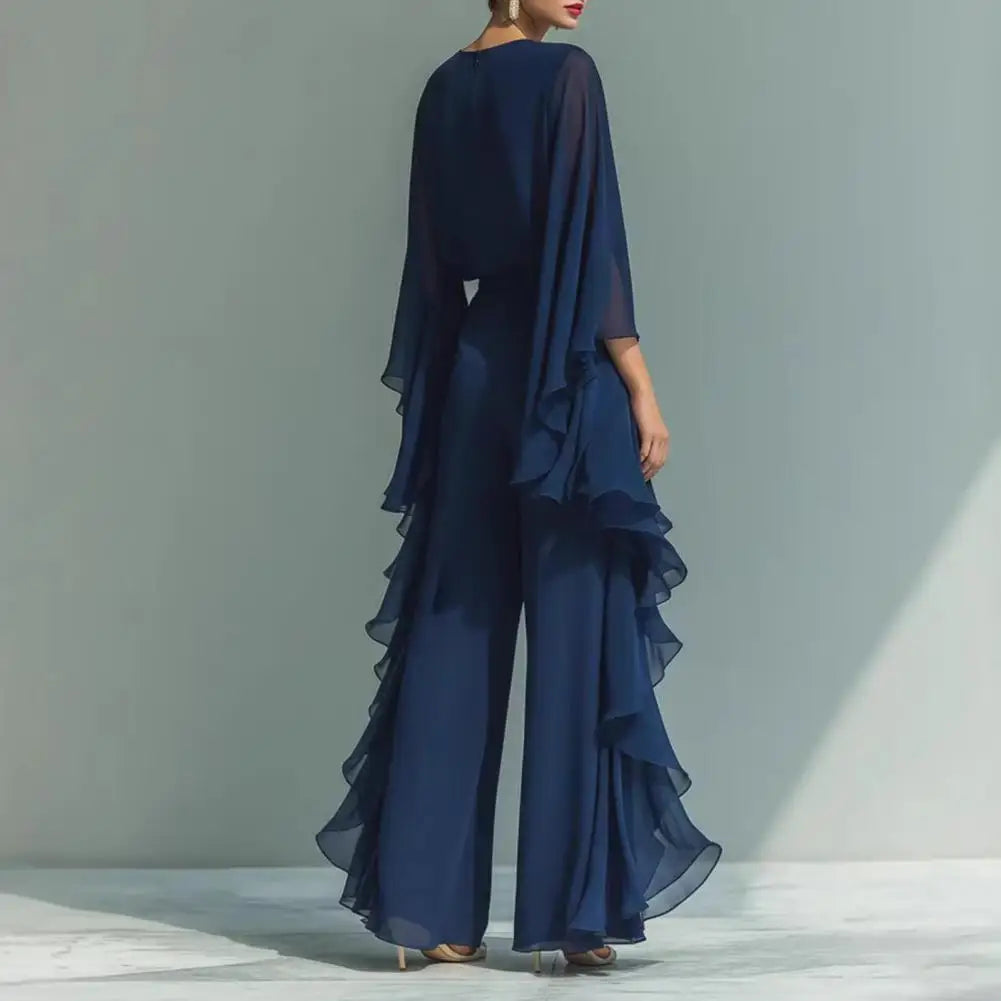 Women Top Pants Two-Piece Set Summer Loose Fit Casual Ruffle Bell Sleeve Shirt Solid Color Wide Legs Pants Trousers