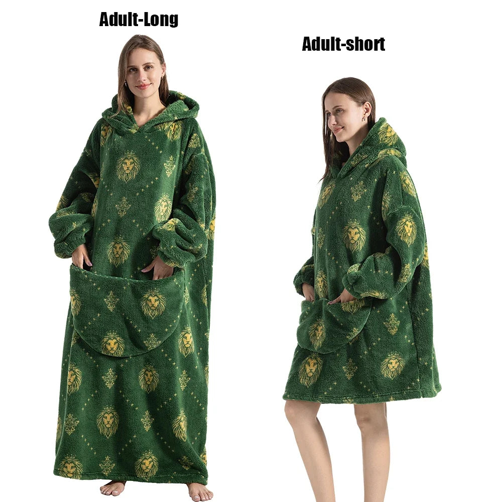 Women Plush Fleece Blanket Men Warm Thick Hoodies Adult Giant TV Blanlets with Sleeves Super Long Cold-proof Homewear Pajamas