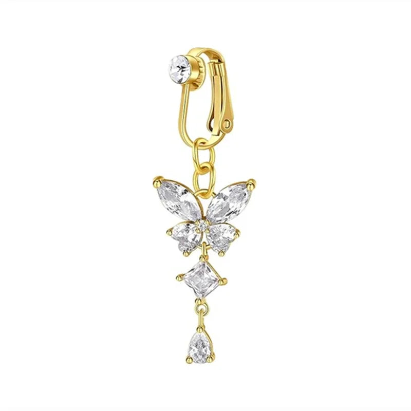 Clip On Belly Button Ring Butterfly Copper Zircon Pink Fake Belly Piercing Umbilical Navel Body Jewelry Trendy Fashion Style