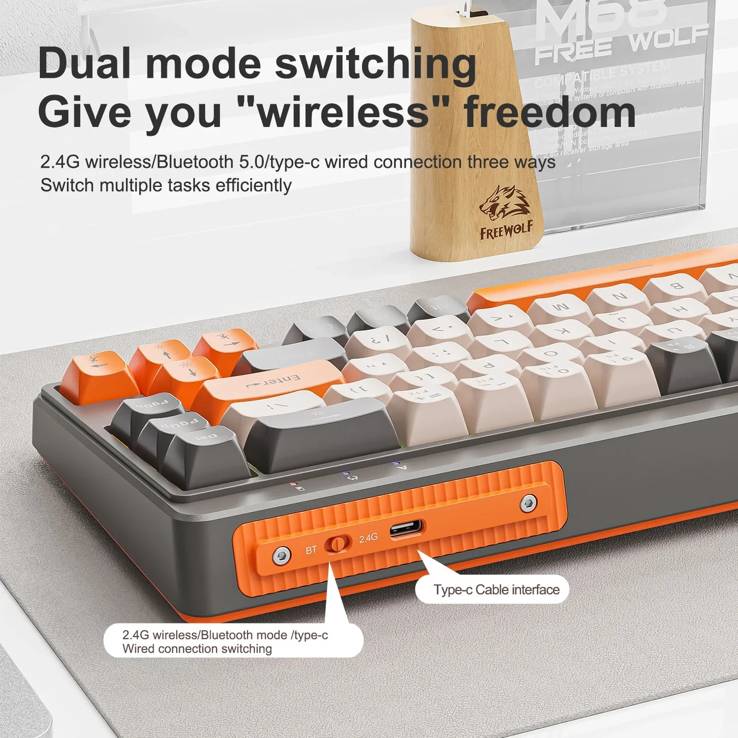 FREEWOLF M68 68 Keys Wireless Keyboard Mouse Combo, PBT RGB Tri-Mode Bluetooth/2.4G/Wired Keyboard, Silent Keyboard Mouse Set