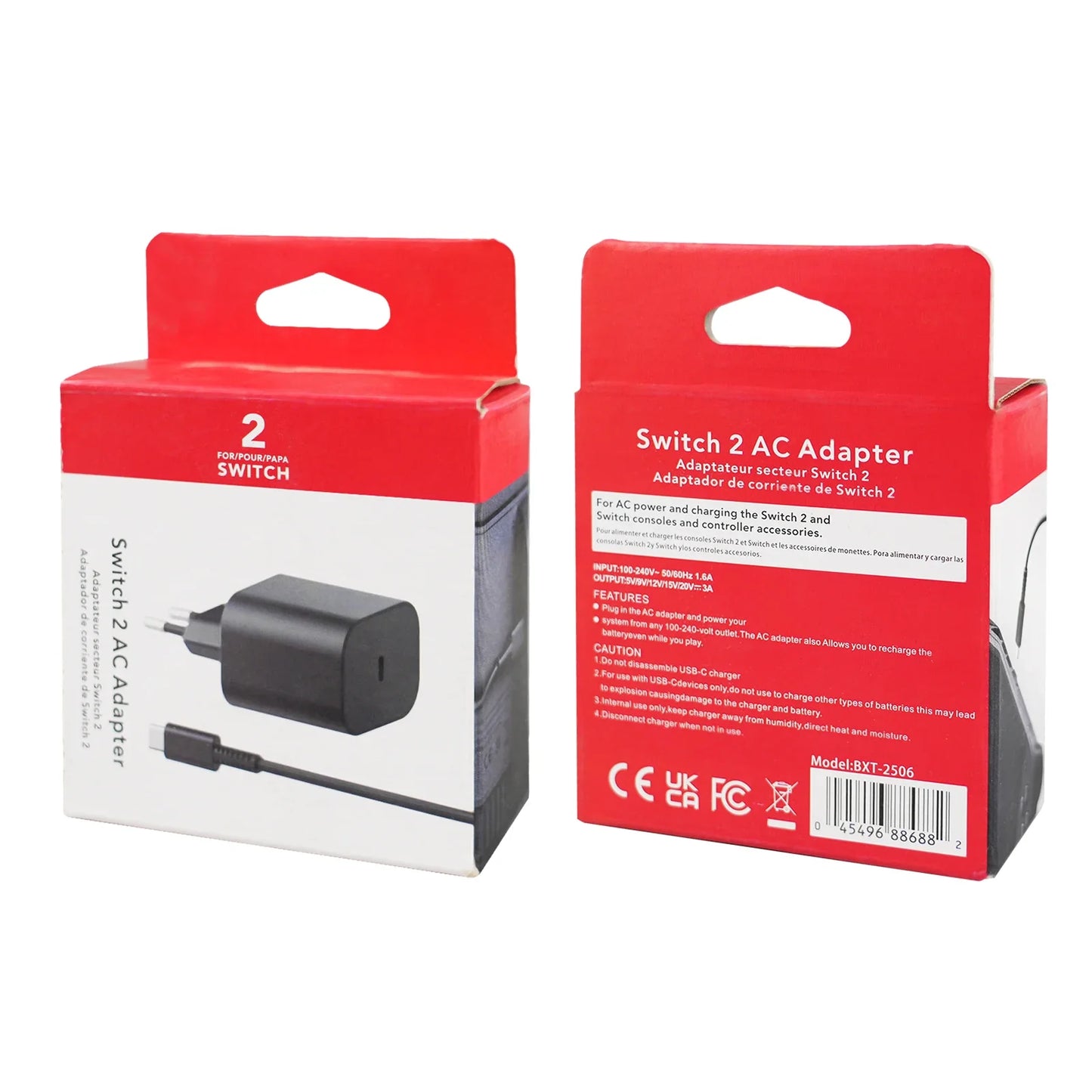 For Switch 2 EU/US/UK Plug Game Console AC Power Supply Adapter 60W Charging USB Type C Power Supply Charging Game Accessory