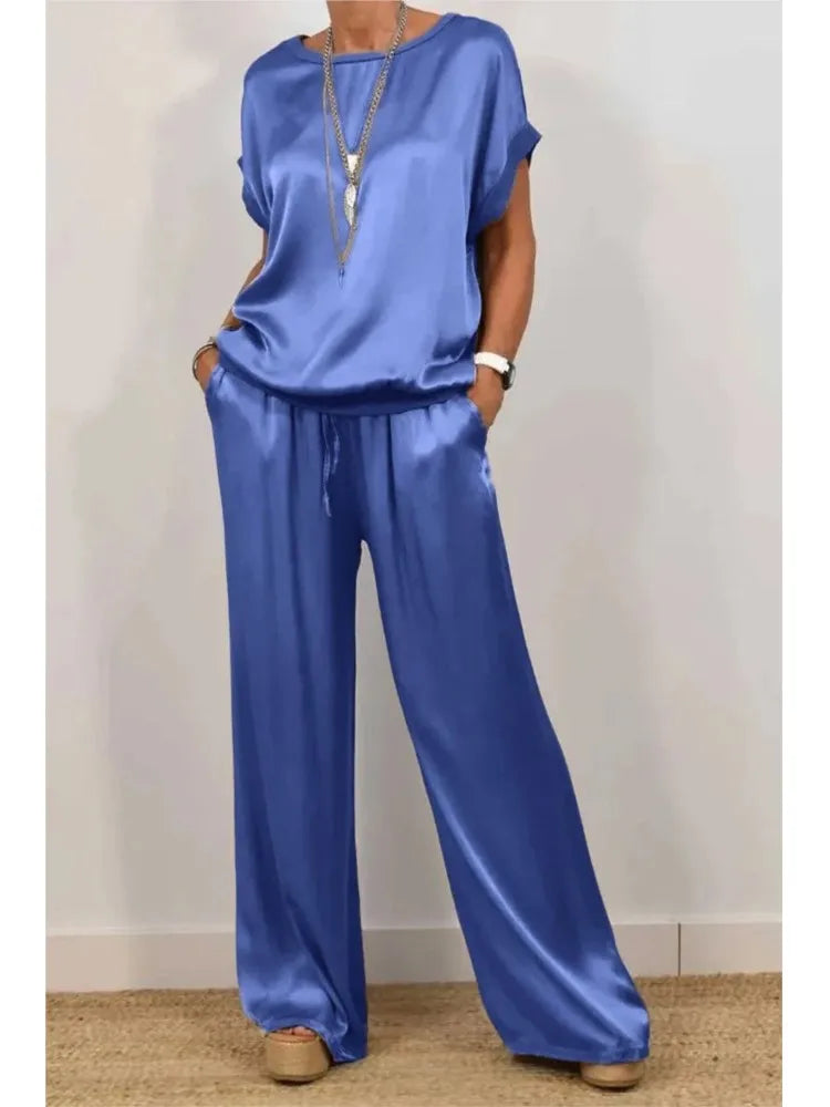 2-piece Set Fashion Satin O Neck T-shirt Top Trousers Summer Retro Elegant Casual Loose Wide-leg Pants Female Home Clothing Suit