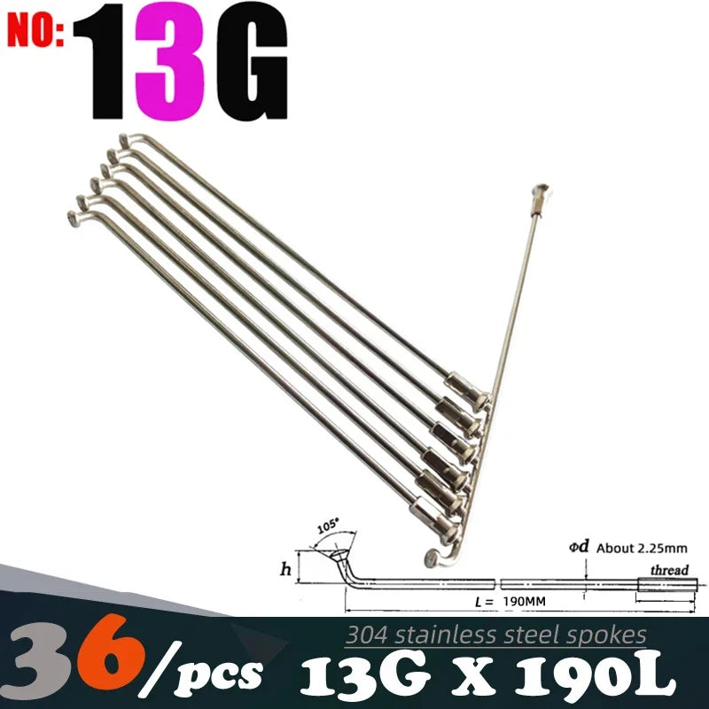 36Pcs 13G(2.25mm)122-240MM 304 Stainless Steel Bicycle Spokes & Nut Electric E-Bike Cycle