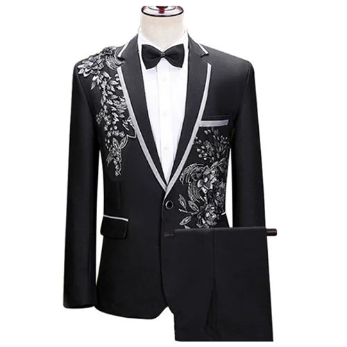 (jacket+pants) Men Fashion Wedding Banquet Party Flower Suits Singer