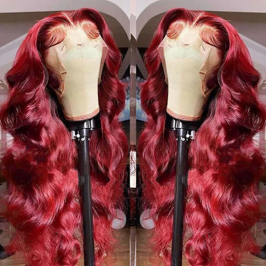 Peluca de ondas corporales, peluca frontal de encaje burdeos 13x4 13x6, peluca frontal de encaje HD 4x4, peluca de cabello humano pre-arrancado color rojo 99j.
