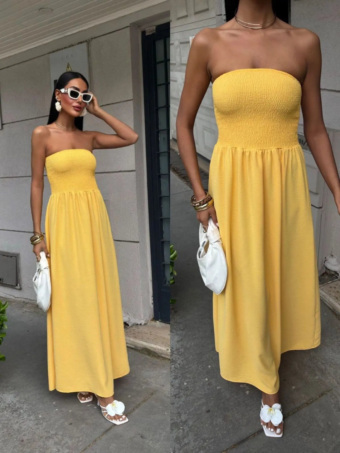 New Summer Fashion Solid Color Off-Shoulder Strapless Waist-Cinching