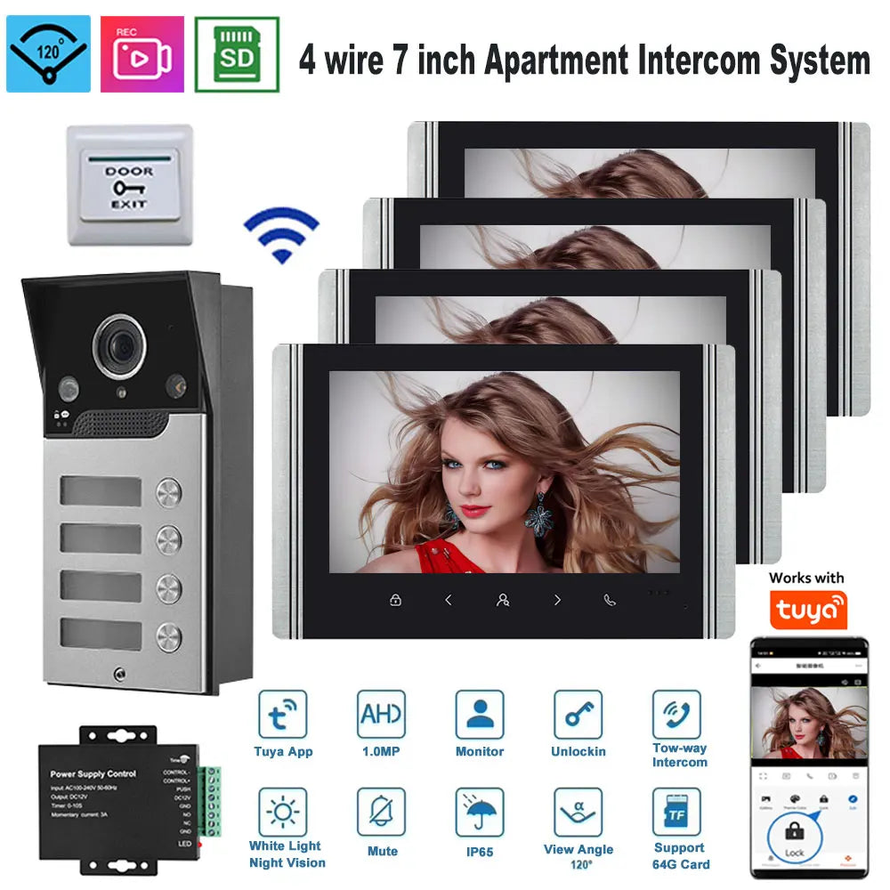 7 Inch LCD Video Doorphone Intercom Wide Angle Waterproof 1080P Camera Doorbell System for 2/3/4 Apartment Family Access Control