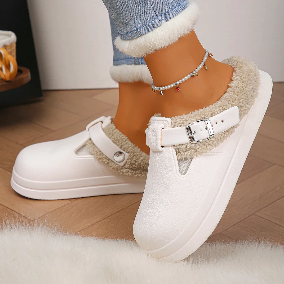 Waterproof Eva Furry Mules Slippers Women 2025 Winter Metal Buckle Warm Plush Slippers Soft Thick Bottom Non Slip Indoor Slides