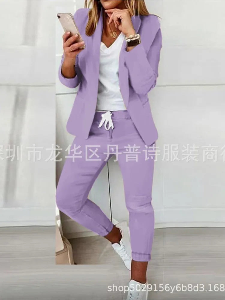 2 Piece Women's Autumn Winter Suit Fashion Slim Fit Lace-up Small Feet Trousers Women's Office Casual Solid Color Suit 2024