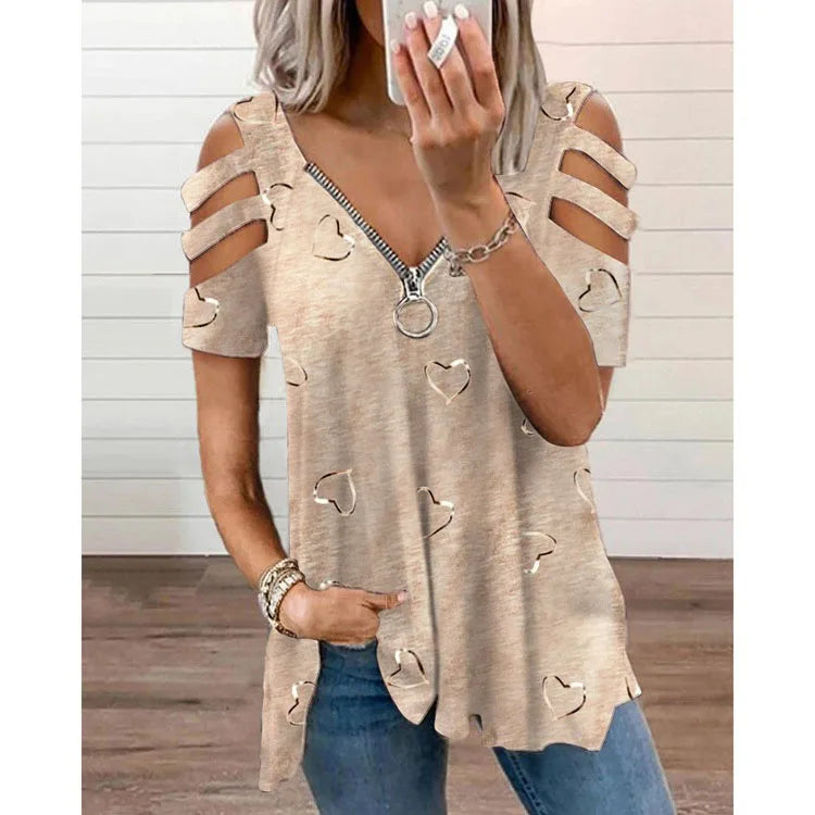 Plus Size V-Neck Zipper Print Sexy Hollow Short Sleeve Loose Casual T-Shirt Women's Tops
