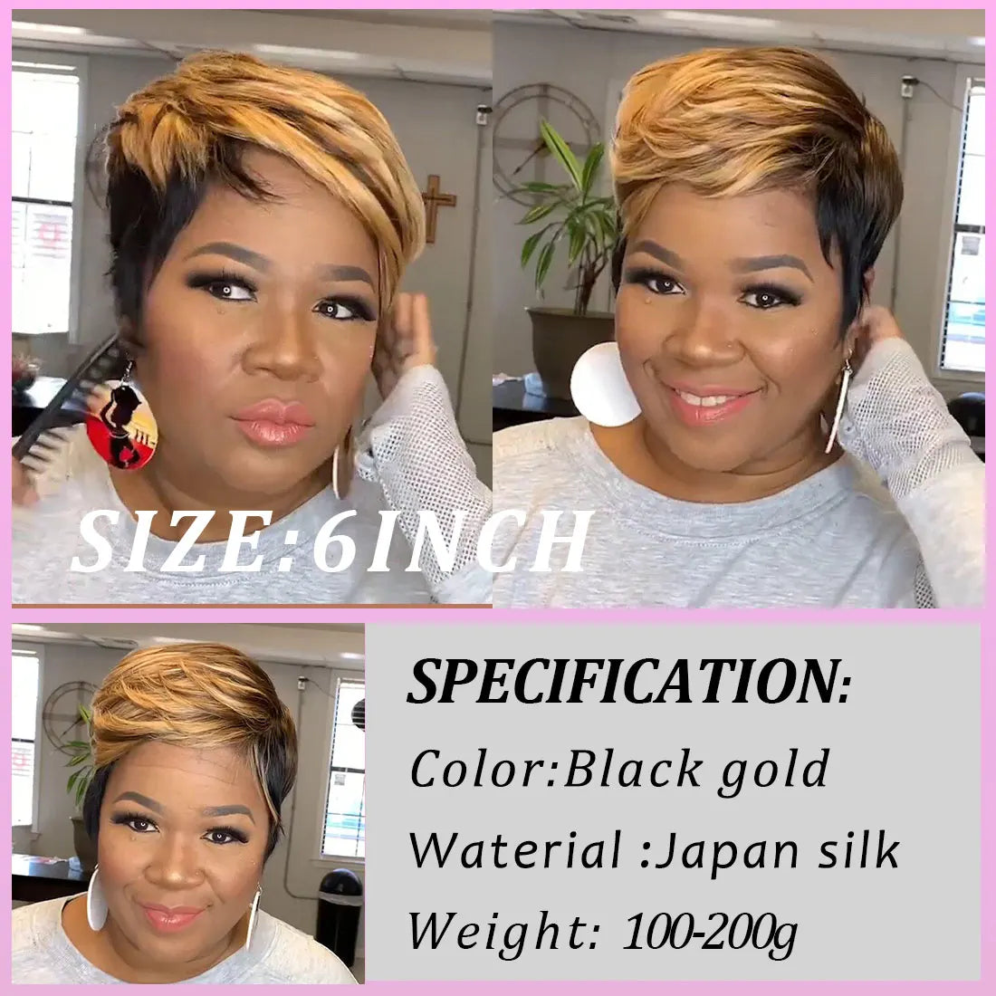 WIGERA Pelucas sintéticas destacadas Corto Liso Pixie Cut Peluca Bob Pelo Dorado Miel Mezcla Negro Cabello para Mujer