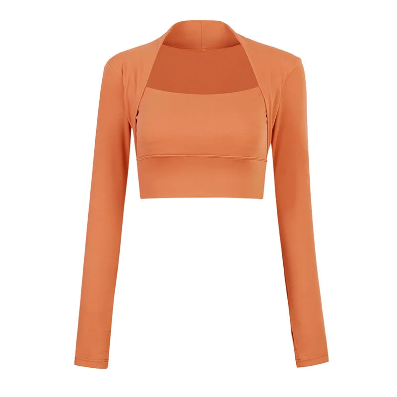 Camisetas de yoga acolchadas de manga larga, tops cortos, camisetas de gimnasio escotadas