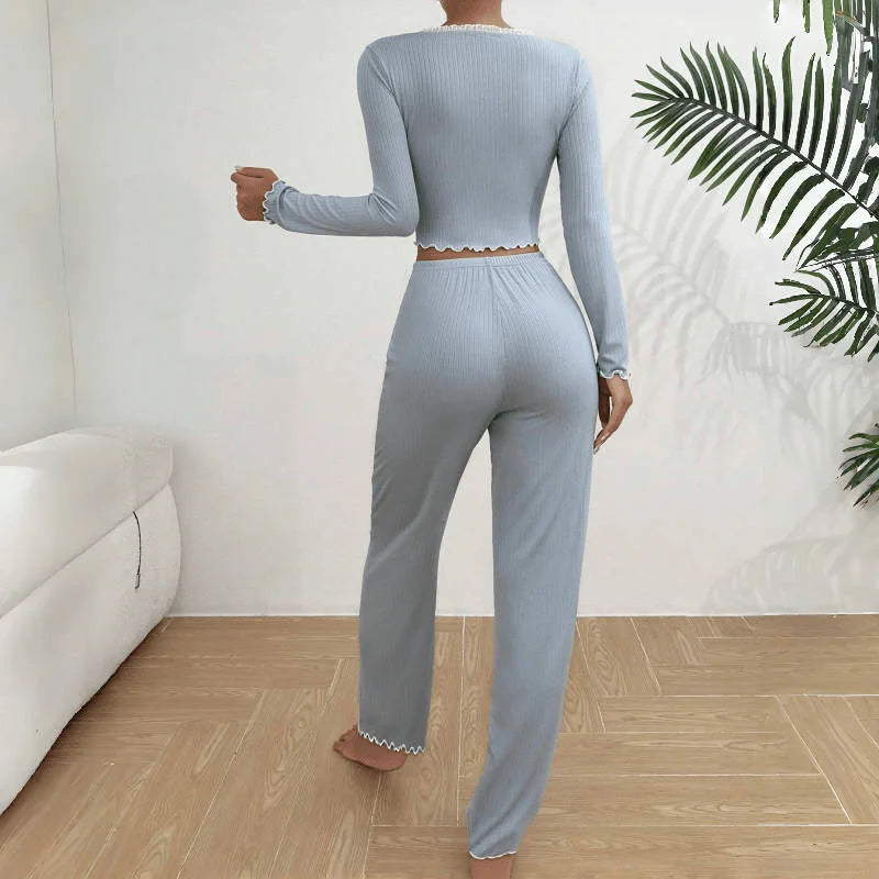 Y2K Ribbed Knit Loungewear Set for Women Long Sleeve V Neck Button Top and Pants Pajamas Two Piece Sleepwear with Lace Trim New