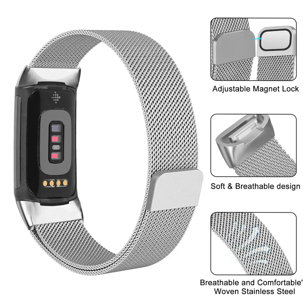Fitbit Charge 5 & 6 Magnetic Milanese Mesh Band, Stainless Steel