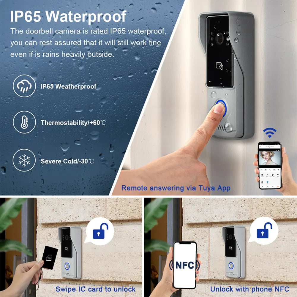 5G WiFi Video Doorbell 7 Inch LCD HD 1080P Camera Tuya Smart 4 Wire Video Doorphone Intercom Security System RFID NFC APP Unlock