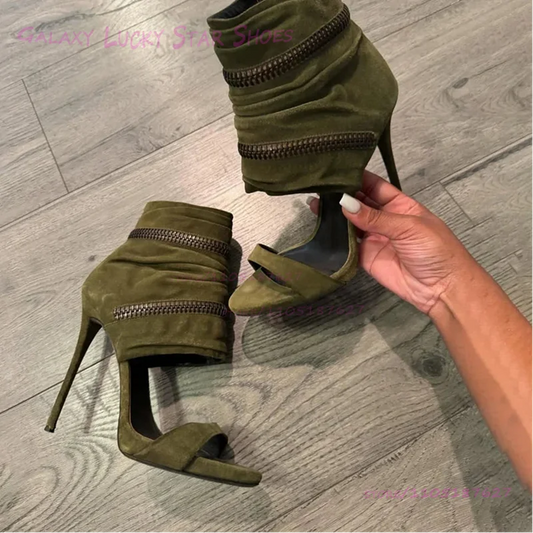 Dark Emerald Green Suede Ankle Wrap Sandals Women Open Stiletto Heel Round Toe Hot Chick Heels Metal Zip Cool Street Style Shoes