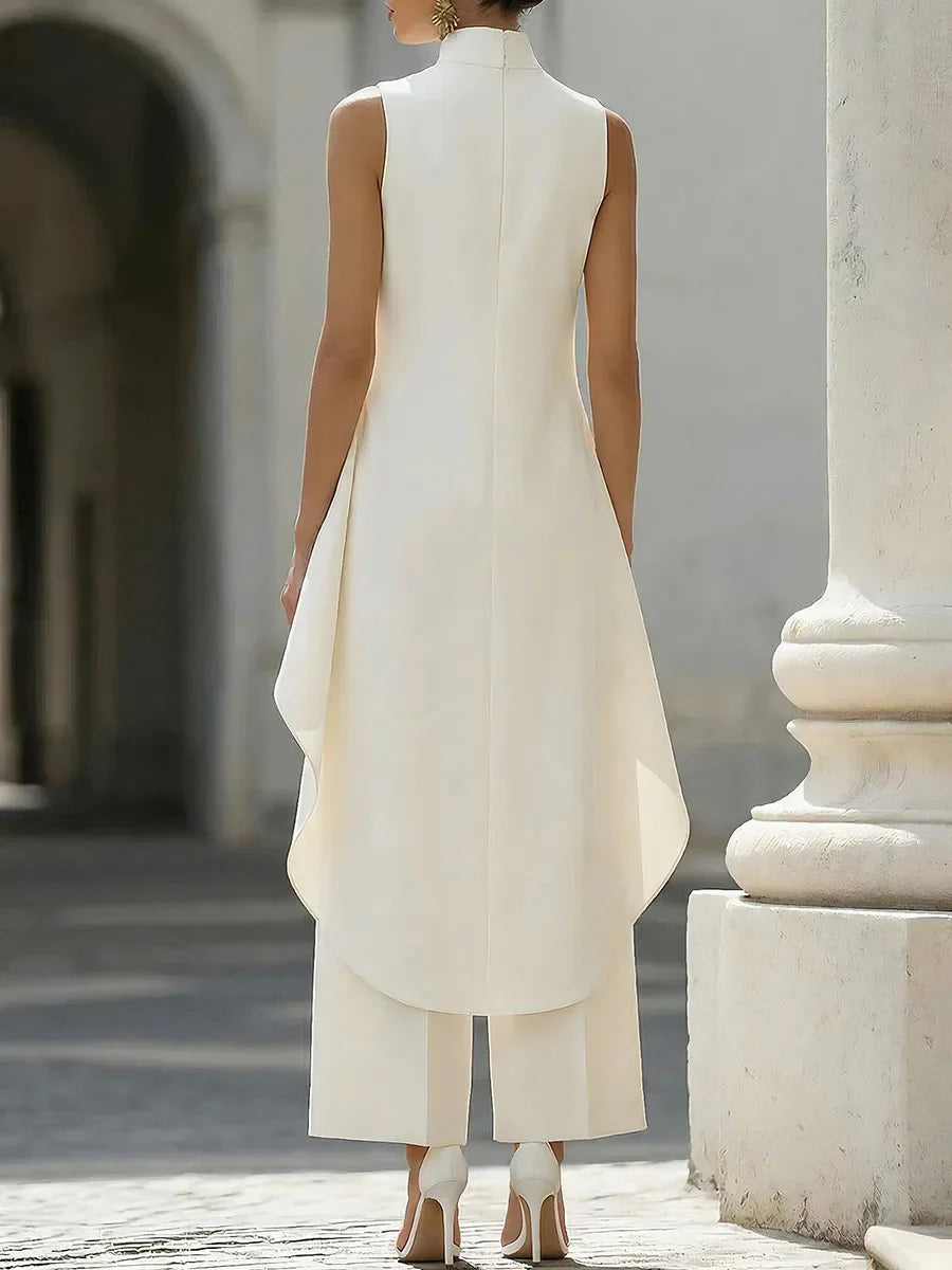 Women High Neck Sleeveless Asymmetric Tunic Wide Leg Pants Set Elegant Formal Business Office Two Piece Outfit