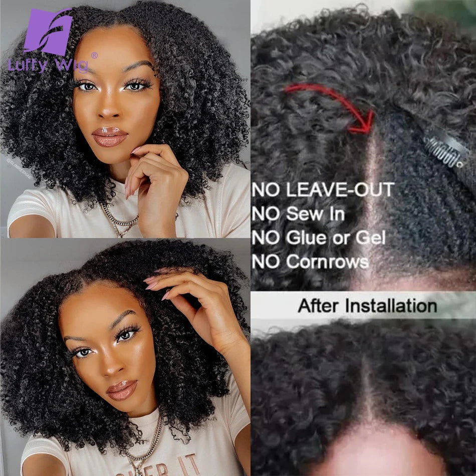 200 Densidad Peluca en forma de V Afro Rizado Kinky Cabello Humano Peluca de Parte en V Corta Rizada Sin Pegamento Sin Dejar Fuera Nuevas Pelucas en Forma de U para Mujeres