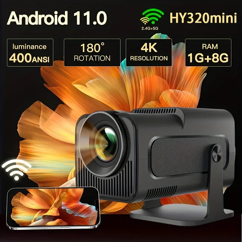 Smart Portable Projector Featuring Native 720P Resolution, Android 11 OS, Wi-Fi 6 And Bluetooth 5.4 Support, 180° Rotation, And Built-in Netflix And YouTube Apps.