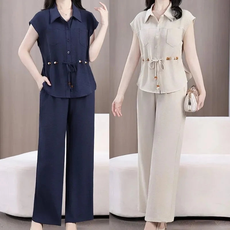 Women Large Size 4XL Casual Outfit Summer Female Fashion Ice Silk Shirt Two-piece Set Korean Ladies Short Sleeved Pantalons 2PCS