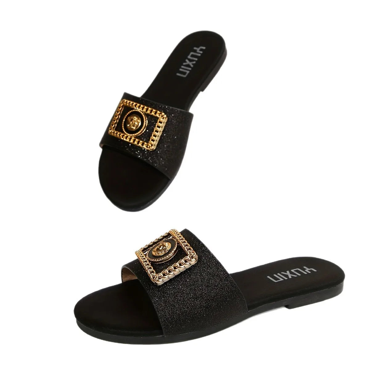 Women's Shoes New Fashion Slippers Classic Elegant Versatile Solid Color Metal Decoration Round Toe Flat Sandals