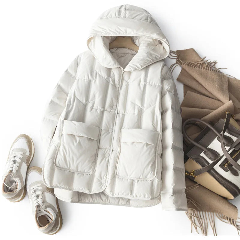 90% White Duck Down Women Down Jackets 2023 New Female Stand Collar Single-Breasted Puffer Jacket Casual Loose Hooded Parkas